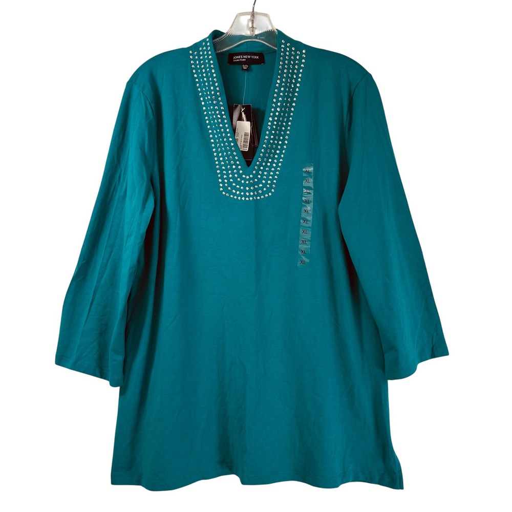Jones New York Signature XL Crystal Turquoise Studded V-Neck 3/4 Sleeve Top NEW
